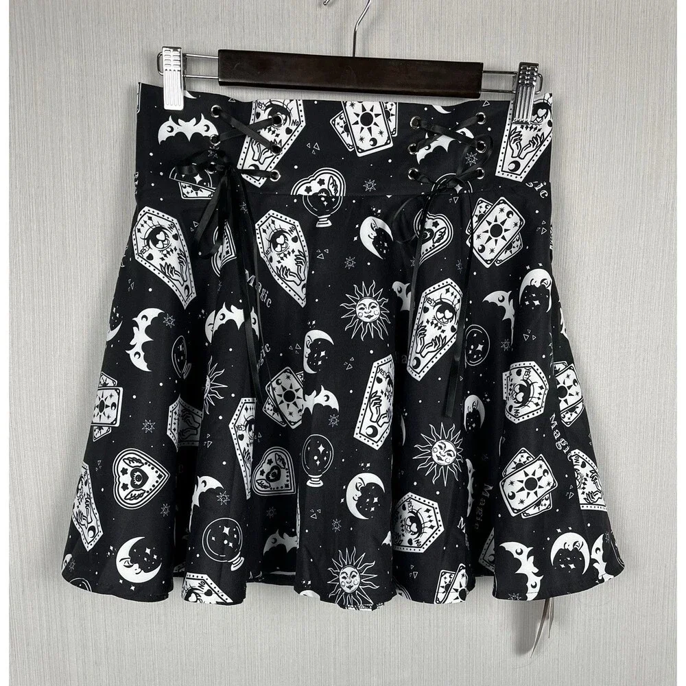 ROMWE Circle Skater Skirt Womens M‎ Black Tarot Print Whimsigoth Witchy